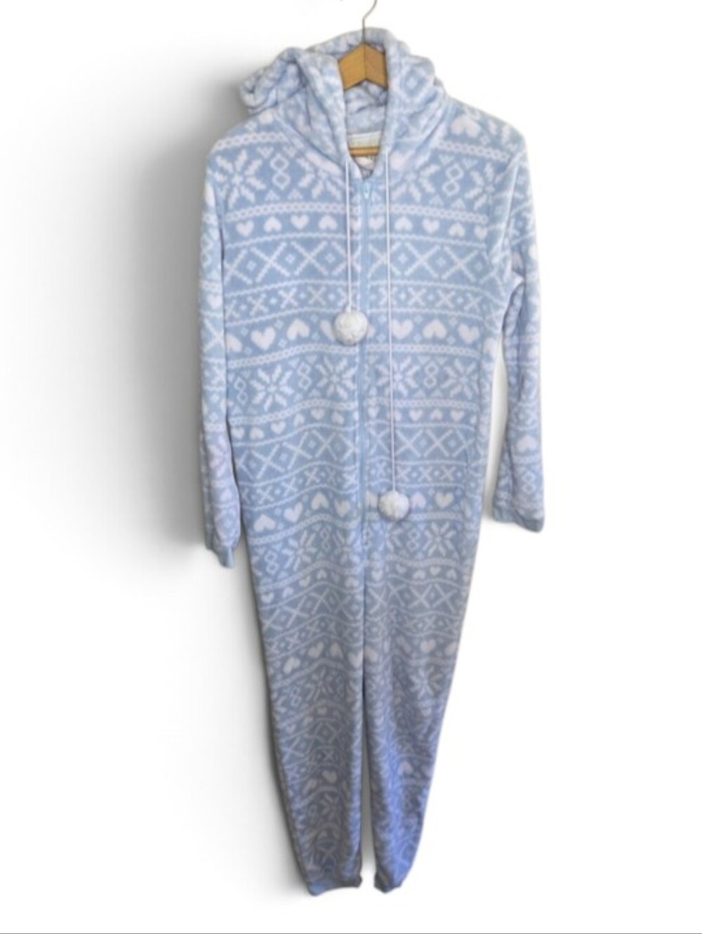 Forever 21 Light Blue White Nordic Snowflake Heart Zip Fleece Onesie Pajamas XL